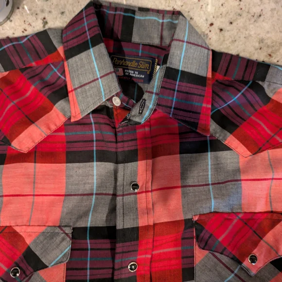 Vintage Panhandle Slim Western Snap Shirt Red Plaid Made USA 15.5 - Picture 4 of 5